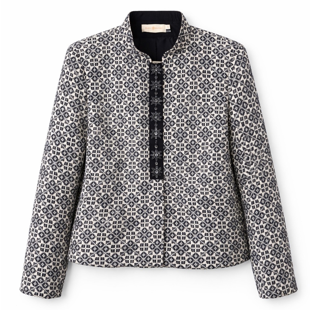 Tory Burch Embellished Jacquard Jacket Size 12 Navy Ivory Collarless Blazer